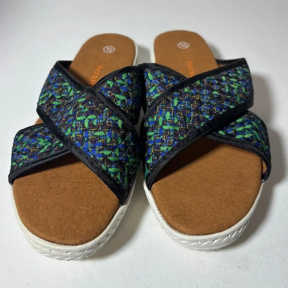 Bernie Mev NWOT Size 6 (EU 37) Avon Slip-On Sandals Blue Green Mosaic Woven